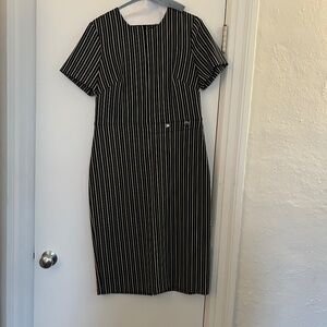 Classic Tailored Black White Stripe Long Fitted Dress